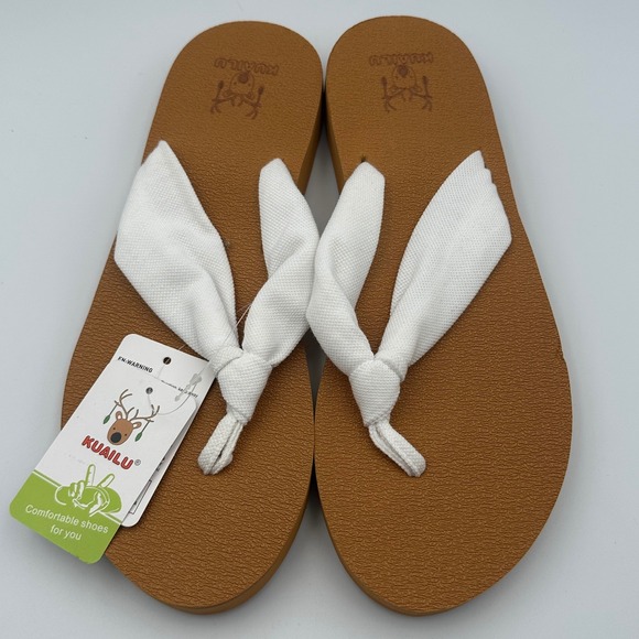 Kuailu Cloth White Thong Sandals Womens Size 11 - New With Tags - Picture 1 of 3